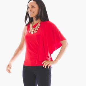 Chicos Womens Top Blouse Bright Red Ruffled One Shoulder Sleeve 3/4 Sleeve